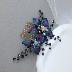 Elegant floral hair comb with purple gradient wire mesh flowers and crystal embellishments