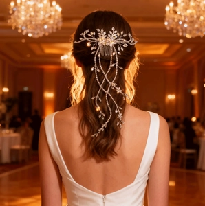 Détail du peigne à cheveux de mariée avec de longs glands en strass sur une coiffure de fête