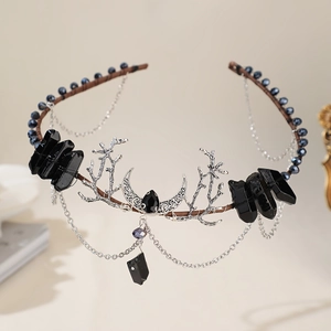 Gothic bridal tiara with black natural stones, silver moon crescent and tassel chains