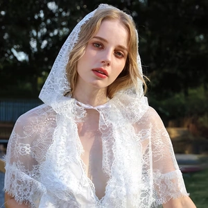 Weiße Spitze Hochzeit Schleier Mit Kapuze Vintage Blumen Braut Umhang Transparente Spitze Schal Für Braut Hochzeit Damen Schmuck