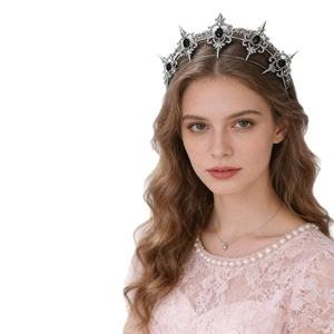 Serre-tête couronne gothique argentée avec pierres noires et pointes pour cosplay défilé