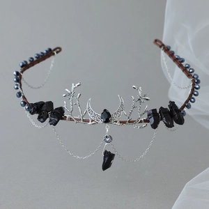 Handmade moon crown headband with silver branch metalwork and hanging crystal chains