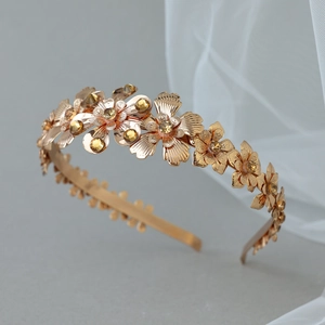 Golden flower headband with amber rhinestones and petal texture for bridal styling