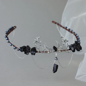 Gothic bridal tiara with black raw stones, silver moon details and tassel chains