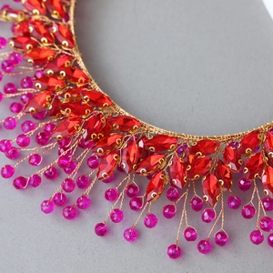Luxurious handmade rhinestone headband with red crystals and pink beads on gold wire