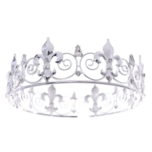 Detail of silver alloy tiara featuring fleur-de-lis motifs and clear crystal rhinestones