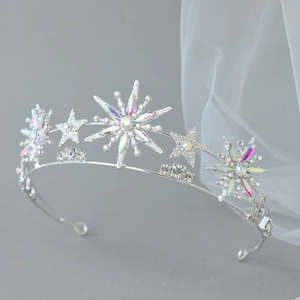Elegant silver star bridal crown with AB rhinestones and sparkling double-layer starry design
