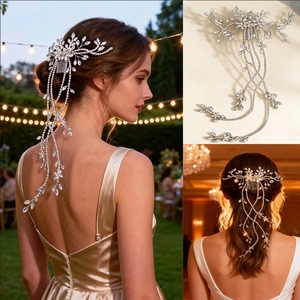 Peigne à cheveux de mariée argenté avec pampilles en strass et motif floral en cristal