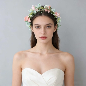 Bandeau floral bohème avec fleurs en soie roses et bleues pour accessoires de cheveux mariée