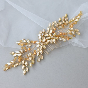 Elegant champagne crystal bridal hair comb with gold wire flowers and orange pearls