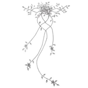 Peigne à cheveux de mariée argenté avec de longs glands en cristal et motifs de feuilles