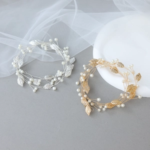 Handmade leaf bridal headband with faux pearls and metal wire available in gold and silver