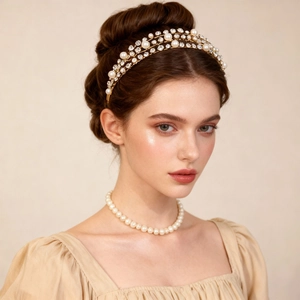 Elegant Triple Layer Gold Headband With White Artificial Pearl And Rhinestone Crystal For Bridal Wedding Party Women Hair Accessory