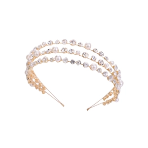 Elegant triple-layered gold headband with white pearls and sparkling rhinestones