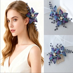 Handmade Copper Flower Hair Comb For Women Blue Purple Gradient Mesh Petals Elegant Rhinestone Bridal Wedding Headpiece