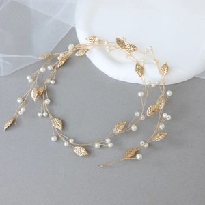 Elegant gold leaf bridal hair vine with faux pearls for wedding and party hairstyles