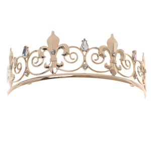 Elegant gold crown with fleur-de-lis pattern and sparkling crystal rhinestones decorations