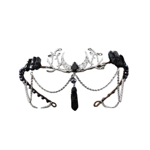 Gothic silver crescent moon headband with black teardrop stone and chain tassels
