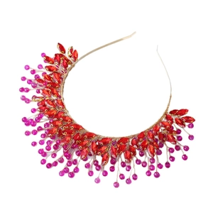 Luxurious handmade rhinestone headband with red crystals and purple beads on gold wire