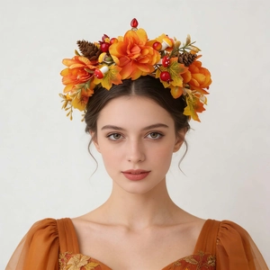 Tiara di Fiori Autunnali per Donna Halloween Zucca Foglia di Acero Pigna Cerchietto Retro Stile Foresta Fatto a Mano Accessori Capelli