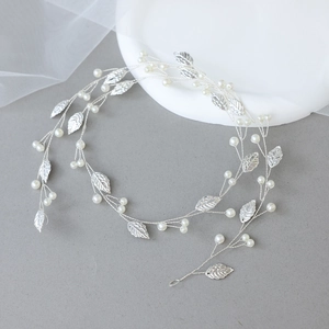 Silver leaf bridal headband with handmade pearls and wire floral hair vine accessories