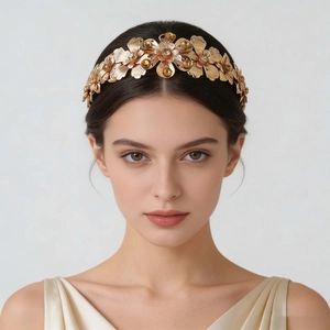Golden metal floral headband with amber crystals shown on model in a bohemian style