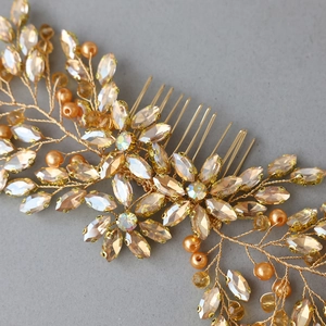 Elegant gold bridal hair comb with amber crystals and pearls for wedding hairstyles