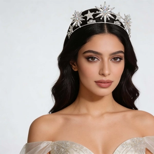 Elegant silver star crown with sparkling crystals for bridal hair styling and weddings