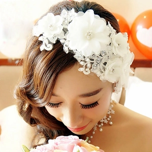 Handmade White Lace Flower Bridal Headband Faux Artificial Pearl Rhinestone Korean Style Wedding Hair Accessory For Women Ceremony