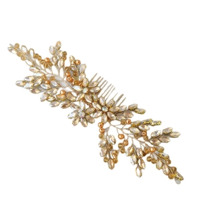 Luxurious champagne crystal bridal hair comb with golden wire leaves and pearls