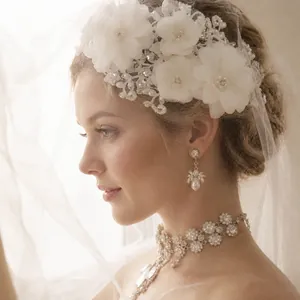 Handmade bridal lace flower hairpiece with pearls, crystal earrings and necklace set