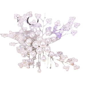 Elegant bridal hair comb with handmade white pearls and crystals on silver wire base