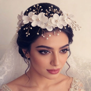 Handmade bridal floral headpiece with white silk flowers and pearls for wedding hair styling