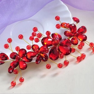 Handmade bridal hair accessory with red crystal beads and golden wire plum blossom