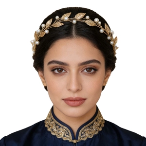 Elegant gold leaf bridal headband with white pearls for Greek goddess wedding hairstyle