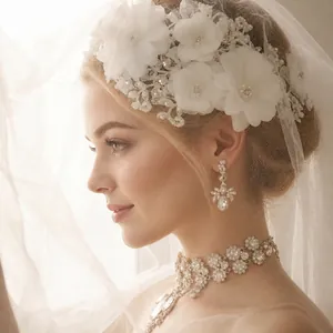 Elegant bridal wedding accessory set with lace flowers pearl veil and rhinestone jewelry