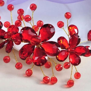 Handmade bridal hair accessory with red plum crystal flowers and gold wire beads