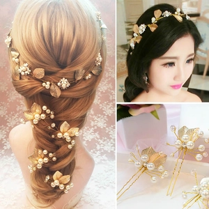 Goldenes Blatt Künstliche Perle Braut Haarband Und Ohrringe Strass Kopfschmuck Für Hochzeit Party Damen Elegant Hochzeit Haarschmuck