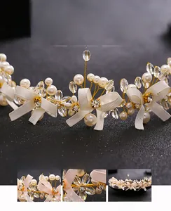 Detail of bridal headband with crystal beads, pearls and white bow on golden wire