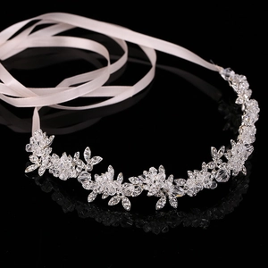 Korean Style Bridal Crystal Rhinestone Headband Floral Leaf Artificial Pearl Hair Band With White Ribbon Wedding Headpiece For Women