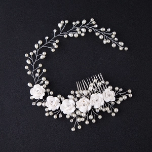 Elegant Handmade Bridal Hair Comb White Fabric Roses Faux Artificial Pearls Rhinestone Silver Wire Flower Hair Vine Wedding Headpiece