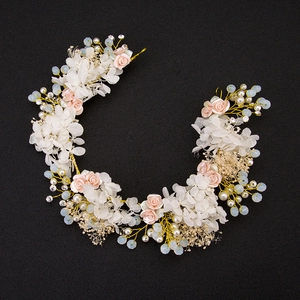 Handmade Bridal Flower Headband Artificial Pearl Crystal Wedding Hair Accessories Gold Wire Floral Forest Style Hairband For Women