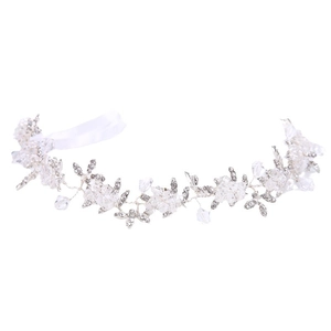 Elegant bridal crystal headband with silver wire weaving and white satin ribbons