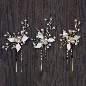 Three-piece bridal leaf hair pins with pearls and rhinestones in gold, silver, rose gold