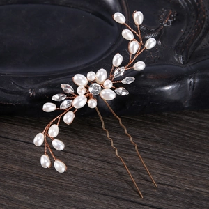 Détails de l'épingle à cheveux de mariée dorée avec perles blanches et strass brillants