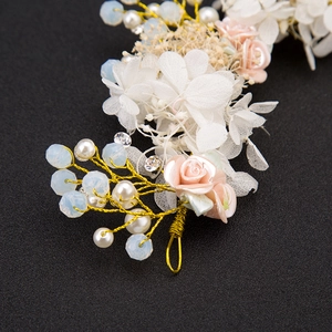 Handmade bridal headband with white hydrangea, pink roses, pearls and crystals