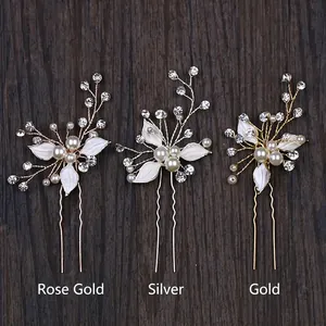 Three-piece bridal hair pin set with handmade leaves and pearls in gold, silver, and rose gold