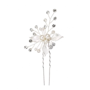 Exquisite bridal hair pin with silver leaves, white pearls and sparkling rhinestones