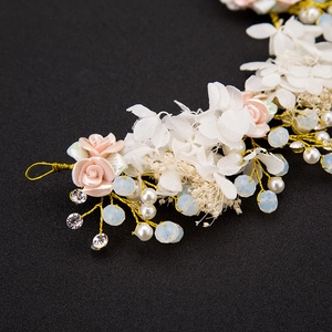 Elegant bridal floral headband with pink roses, white pearls and crystal details