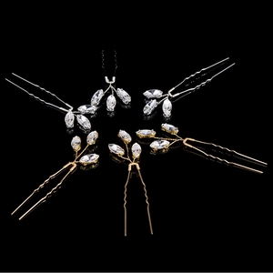 Bridal Handmade Crystal Hair Pin Set Alloy Rhinestone U-Shaped Flower Leaf Hair Pieces For Wedding Party Elegant Women Jewelry